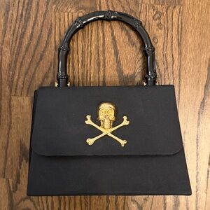 Lisi Lerch Handle Bag - Black Faille with Gold Skull Accent